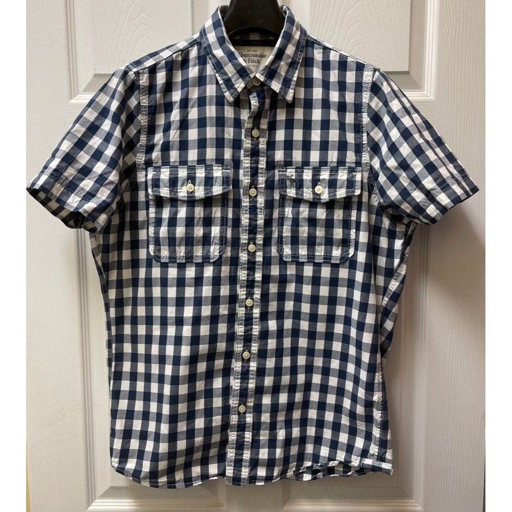 Abercrombie‎ & Fitch Men's Blue L White Gingham S/S Muscle Fit Button-Up Shirt